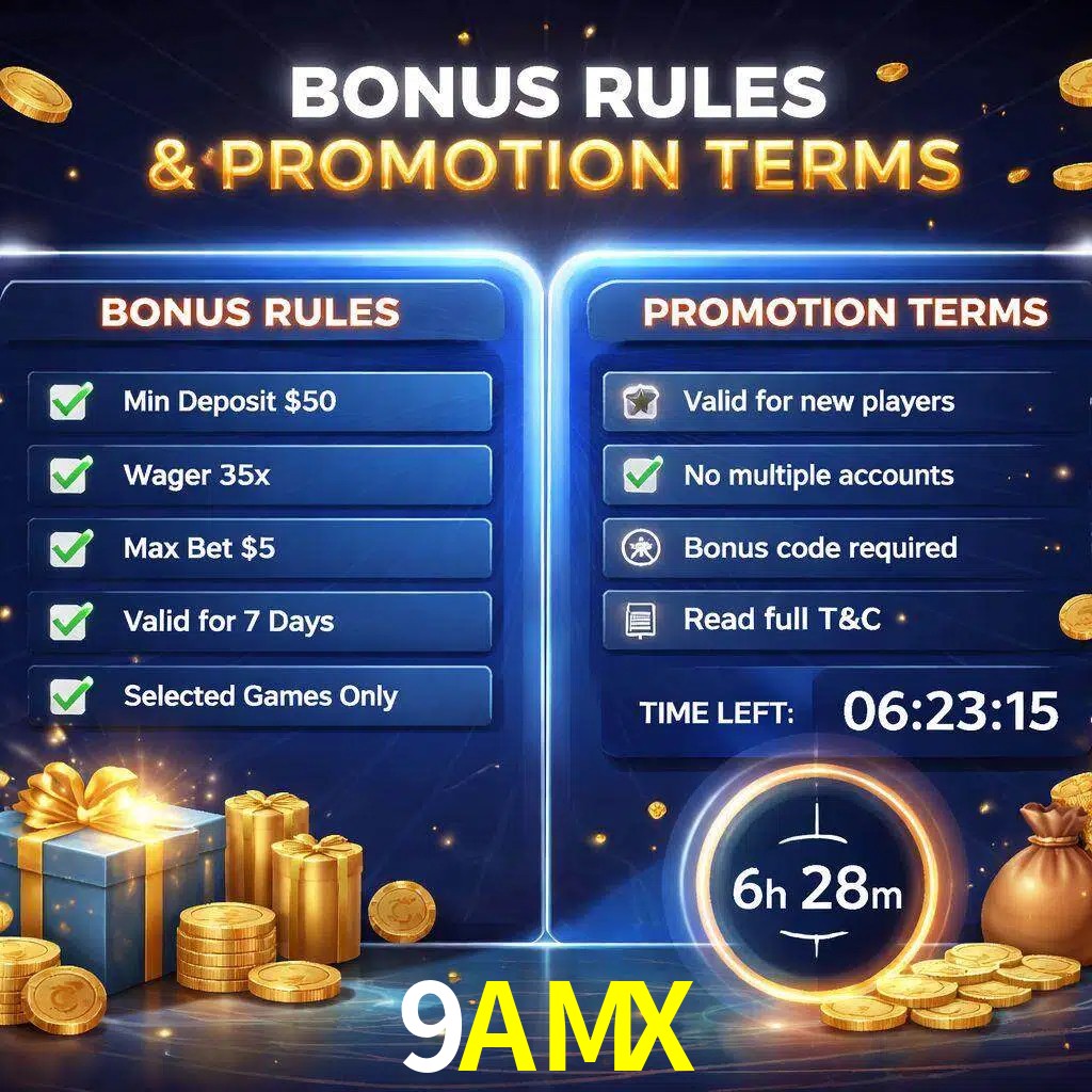 Reglas de promoción 9AMX y condiciones de bonos explicadas visualmente