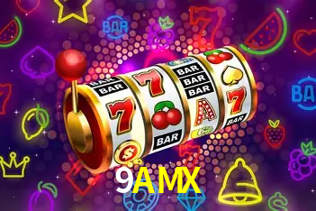 Una escena digital vívida inspirada en casino con 9AMX mostrado prominentemente, luces brillantes, fichas, cartas y acentos dorados.