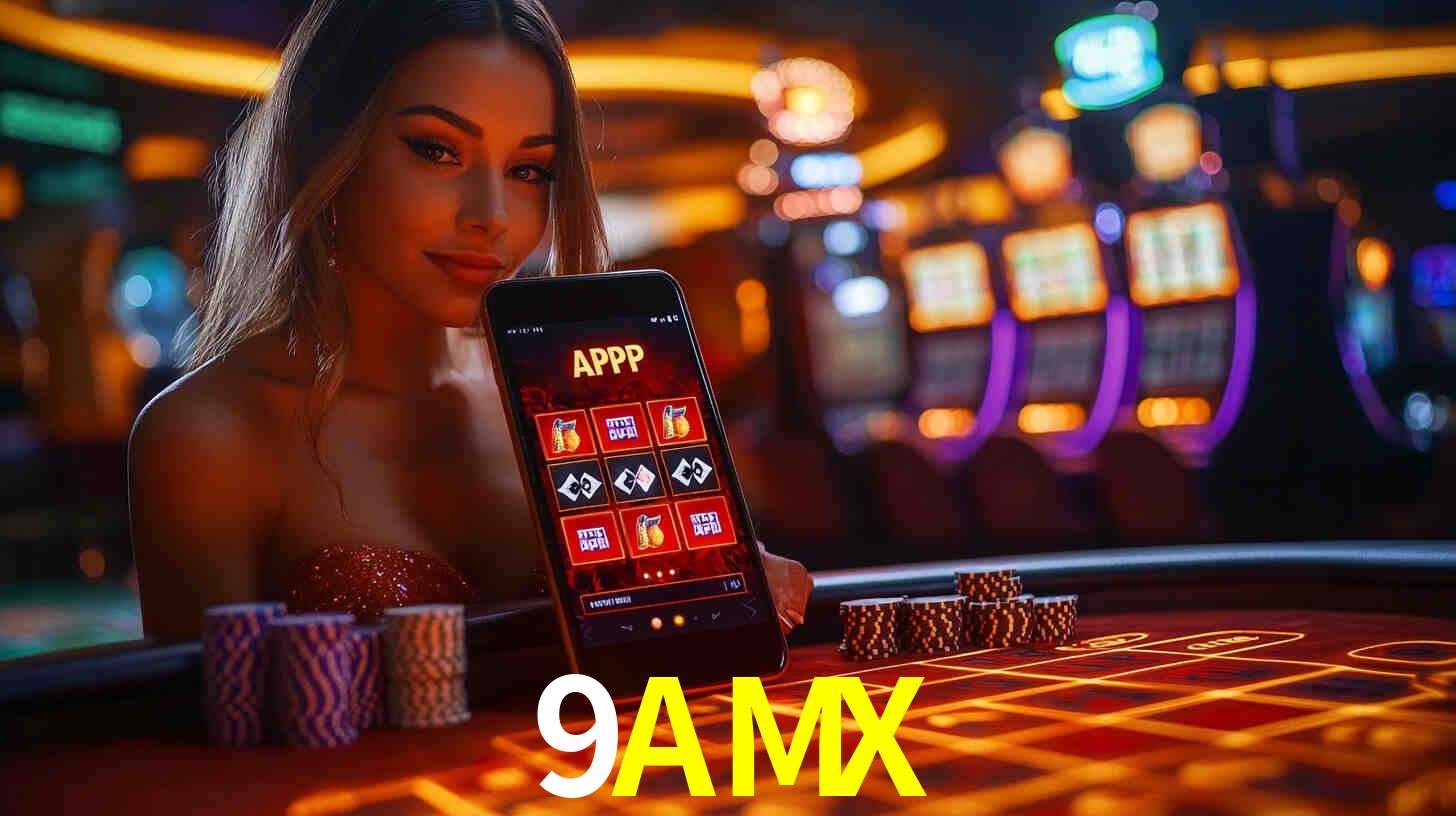 Escena dinámica inspirada en casino con iluminación 9AMX, cartas, fichas e íconos de juegos digitales en un espacio moderno de juegos.
