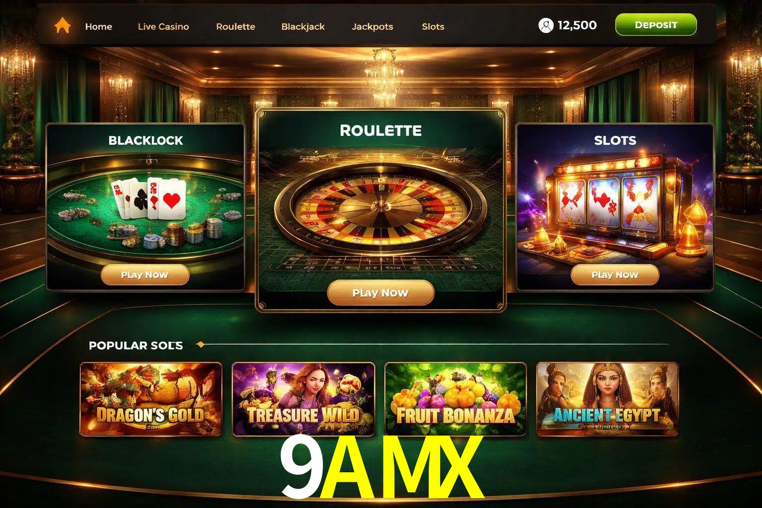 Vista de la plataforma 9AMX Casino mostrando categorías organizadas de juegos en línea
